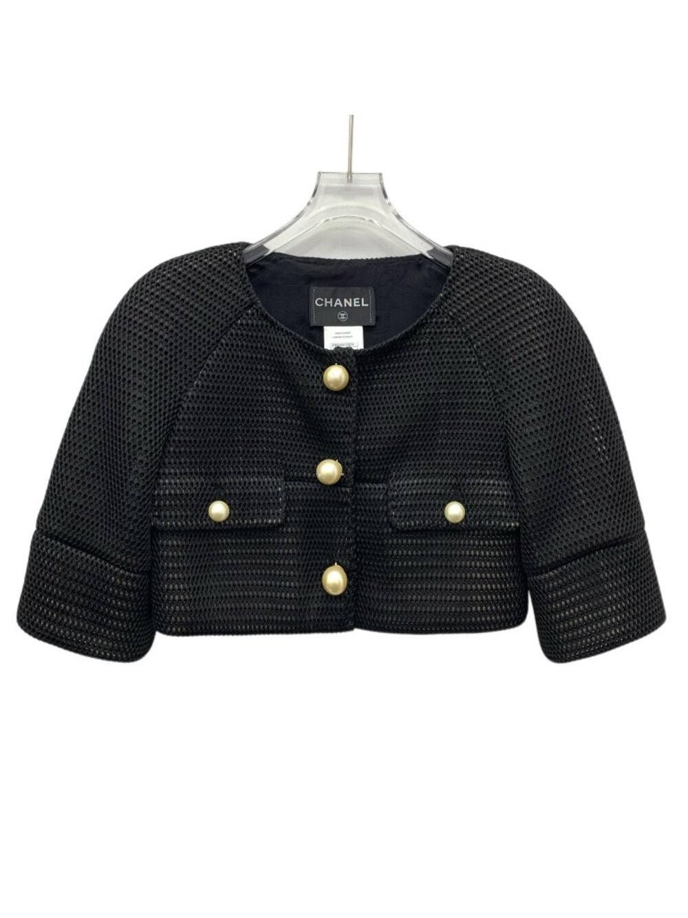 Chanel Black Pearl Button Mesh Cropped Jacket